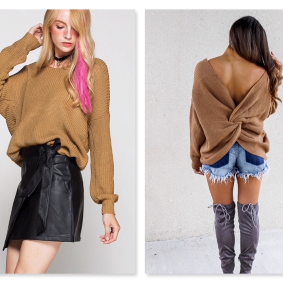 New! Back Twist Knot Oversized Sweater Brown - Picture 2 of 8